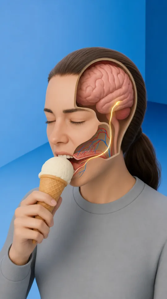 A woman eating ice cream, her head cut away to show the nerves behind brain freeze.