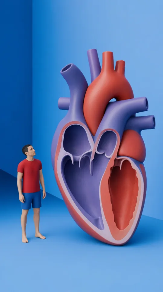 A boy standing beside a blue whale's heart, shown in cross-section.