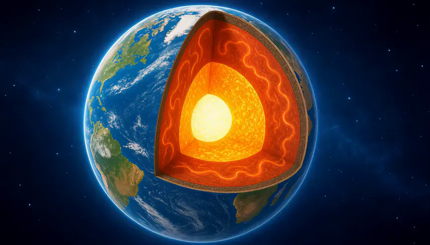 The Earth cut open to show its layers and core.