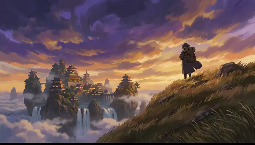 A traveller on a hillside looking out at floating islands.