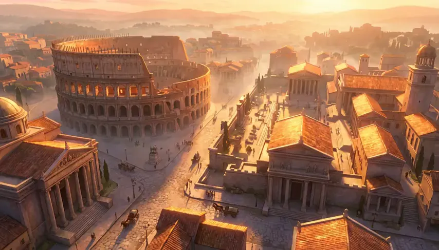 Aerial view of ancient Rome at sunset, with the Colosseum.