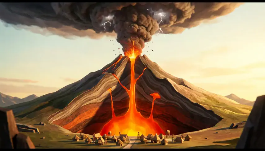 A volcano in cross-section, with magma rising through it.