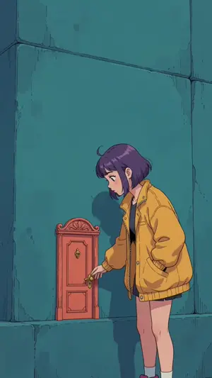 Anime scene: a girl in a yellow jacket crouches at a small red door in a stone wall.