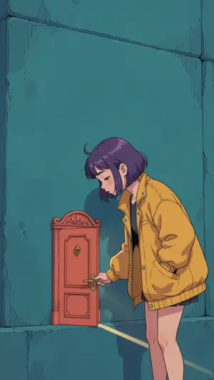 Anime scene: the girl turns a key in the small red door.