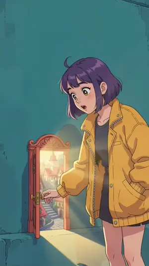 Anime scene: the girl opens the door onto a sunlit town.
