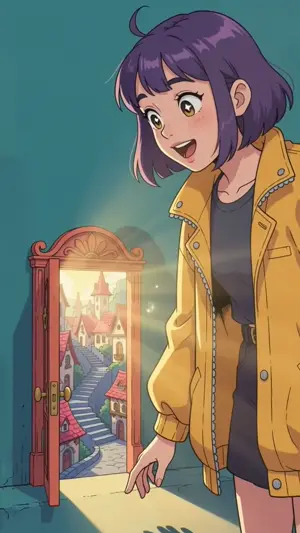 Anime scene: the girl smiles at the town through the open door.