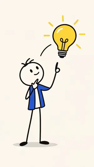 Stick-figure scene: a figure points up at a glowing light bulb.